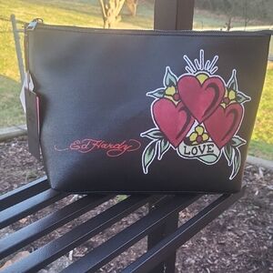 Ed Hardy Black Cosmetic Bag with Heart Design